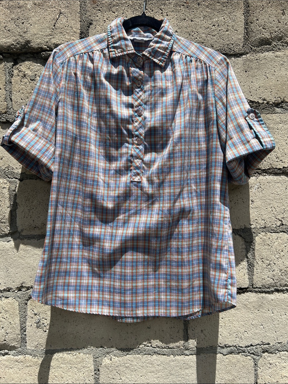 VINTAGE 70s Blue/Orange Plaid Popover Henley Blouse Top ~M 11/12